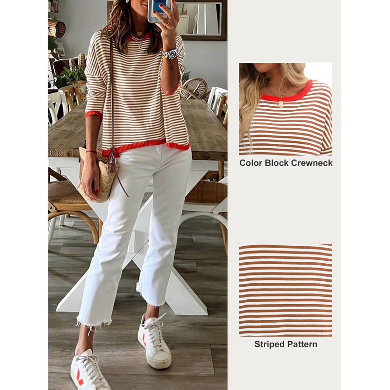 Famulily Crew Neck Striped Pullover for Women Colour Block Long