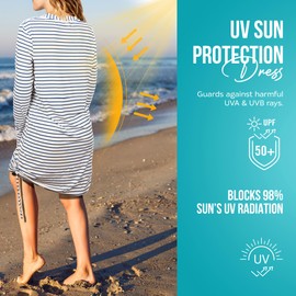 Banana Boat UPF 50+ Women's Adjustable Long Sleeve Printed Swim Dress | Floral Sun Dress (White Navy-L)
