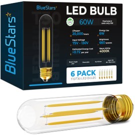 BlueStars 6-Pack 5.0in T10 T30 Tubular LED Light Bulbs E26 Medium Base 6W 4000K Natural Daylight, 60W Equivalent, DIMMABLE, 660 lumens for Pendants, Wall Sconces and Chandeliers