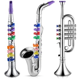 Lewtemi Set of 3 Saxophone for Kids Musical Instruments Toy Saxophone Toy Trumpet and Clarinet with 8 Colored Coded Keys Teaching Songs Gifts for Toddlers Children(Silver)