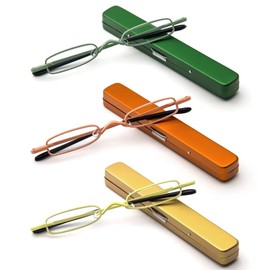 Small Reading Glasses Men Women 3 Pairs Slim Pocket Readers with Pen Clip Metal Case Spring Hinge (Yellow+Orange+Green,+3.5)