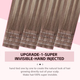 Sweetmet 3rd-Generation Invisible Tape in Hair Extensions Real Human Hair #8/60 Ash Brown to Platinum Blonde 20pcs 45g 20inch Injection Hand-Tied Invisi Edge Tape ins Extensions（#8/60-20inch）