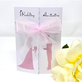 Pack of 10 Silouette Wedding Invitations with ribbon and envelopes- Gatefold style! (BABY PINK)