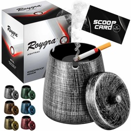 roygra Ashtray with Lid, Windproof Smokeless Metal Ashtray – Black, Medium Size (4.39 x 3.54 x 3.54’’)