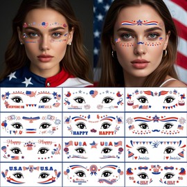 4th of July Face Stickers Temporary Tattoos Stickers American Flag Face Stickers Independence Day Tattoo Stickers Eye Fourth of July Tattoos Makeup Decal Patriotic Art Decor Tattoo Stickers 12 Sheets