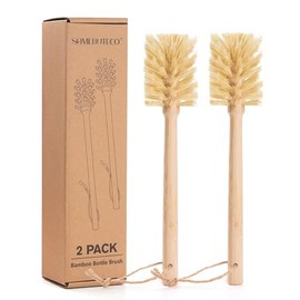 SAMEBUTECO Natural Bamboo Cup Cleaning Brush Set of 2 – 11.5 Inch Sisal Bristle Bottle Brush with Flat Head Design, Wooden Handle with Hanging Hole & 