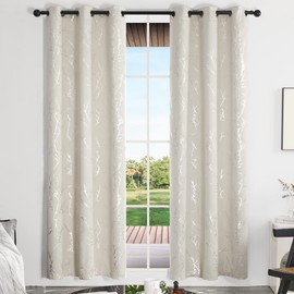Deconovo Beige Blackout Curtains, Boho Farmhouse Curtain, Thermal Insulated Soundproof Drapes, Silver Branch Print, 42 x 84 Inch Long, Machine Washable Window Panels for Living Room Bedroom, Set of 2