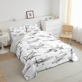 Homewish Airplane Comforter Set Queen Size Aircraft Bedding Set 3Pcs for Kids Girls Boys Teens Bedroom Decor Black White Sketch Print Quilt Set Flying Theme Duvet Insert,2 Pillowcases