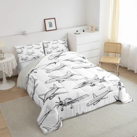 Homewish Airplane Comforter Set Queen Size Aircraft Bedding Set 3Pcs for Kids Girls Boys Teens Bedroom Decor Black White Sketch Print Quilt Set Flying Theme Duvet Insert,2 Pillowcases