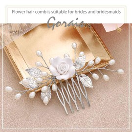 Gorais Flower Bride Wedding Hair Comb Pearl Bridal Hair Pieces Leaf Hair Accessories for Women and Girls (A-Silver)
