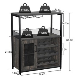 IDEALHOUSE 3-Tier Wine Bar Cabinet with Detachable Wine Rack and Drawer, Industrial Sideboard and Buffet Cabinet with Glass Holder and Mesh Door, Dark Wood