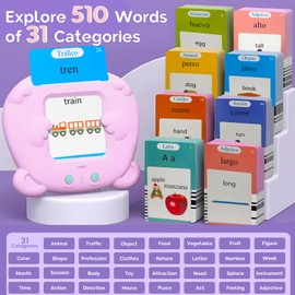 HALCONTORNO English & French Flash Cards - Pocket Speech for Toddlers 3-12, Talking Flash Cards for Kids, 510 Sight Words of 31 Varieties, Sensory Toys for Kids with Autism, Travel Activities (Pink)