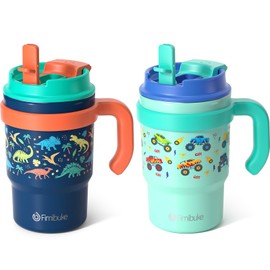 Fimibuke Fimibuke 16oz Kids Insulated Tumbler with Handle & Straws - 2 Pack BPA FREE 18/8 Stainless Steel Toddler Cups with Sip/Swig 2-in-1 Lids, Leak Proof Kid Drinking Cup Travel Mugs for Children Boys Girls