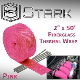 Stark 2" x 50FT Exhaust Header Fiberglass Heat Wrap Tape w/ 5 Steel Ties - Pink (Q)