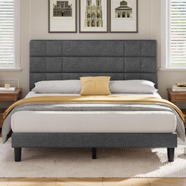 YITAHOME Queen Bed Frame Linen Fabric Upholstered Platform with Headboard and Strong Wooden Slats, Non-Slip and Noise-Free,No Box Spring Needed, Easy Assembly,Gray
