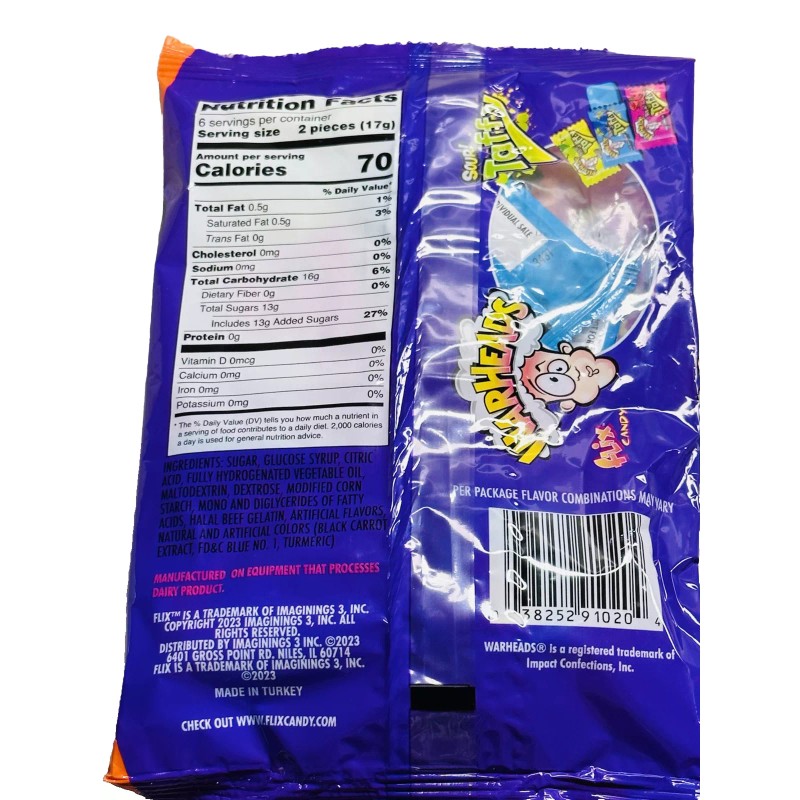 Warheads Sour Taffy Sweet Fruity Chewy Candy 3.59oz 12 Individual