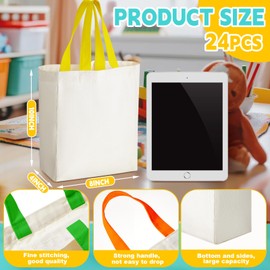 Amylove 24 Pcs Mini Tote Bag Sublimation Blank Canvas Tote Bags Reusable Grocery Bags DIY Sack Goody Bag for Christmas Party Event Bag(8 x 10 x 4 Inch,Natural with Colorful Handle)