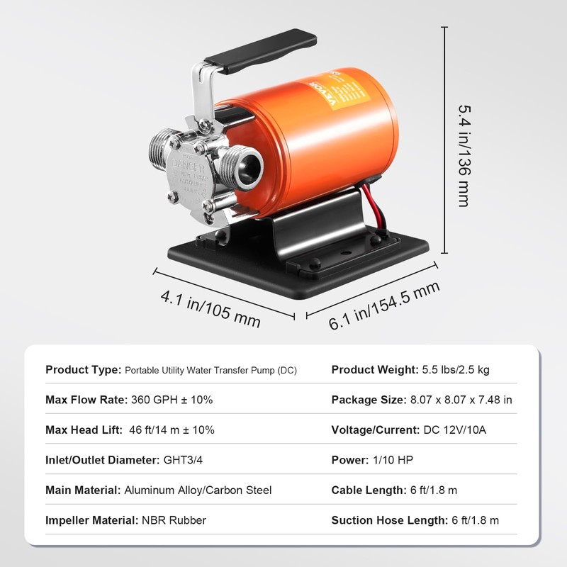 VEVOR Water Transfer Pump 12V, Battery Powered Utility Pump 360