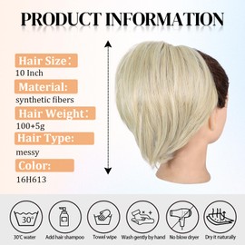 Rosooi Claw Clip Messy Bun Hair Piece Short Ponytail Extension with 3 Bendable Metals Wires Synthetic Wavy Curly Fake Hairpieces for Women DIY Full Easy Bun (Medium Blonde mix Light Blonde)