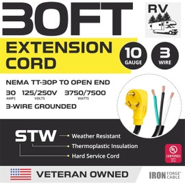 Iron Forge Cable 30 Amp 30 ft RV Replacement Cord, 10/3 Gauge 30 Amp RV Extension Cord, NEMA TT-30P to Open End 3 Wire, 10 Gauge Heavy Duty STW Electrical Wire for Camper
