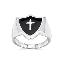 Personalize Unisex Black Onyx Inlay Religious Christian Shield Cross Signet Ring For Women Men Teens .925 Sterling Silver Customizable