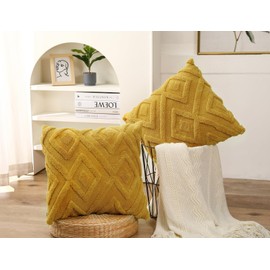 DRNOU Set of 2 Faux Fur Yellow Throw Pillow Covers 22x22,Soft Checkborad Pattern Decorative Boho Pillow Cover Case Cushion Cover for Sofa Couch Bed Livingroom Farmhouse,Modern Accent