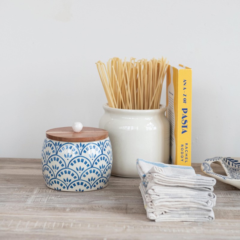 Creative Co-Op, Ivory Stoneware Canister with Acacia Wood Lid, Color