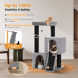 MUTTROS Cat Tree for Indoor Cats Adult, 45-Inch Heavy Duty Cat Tower with Sisal Scratching Ramp, 2 Cat Condo for Extra Large Cats, Big Top Perch, 3 Thick Black Scratching Posts (φ4.3) -Gray