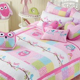 Cozy Line Home Fashions Pink Owl All Season Lightweight 100% Cotton Quilt Set with 5 Decor Pillows-Coverlet Bedding Bedspread for Kids Toddler Girls Bedroom (Owl, Queen - 8 Piece)