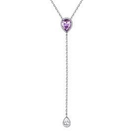 Silvora Necklace S925 Silver Y Chain with Birthstone Pendant Adjustable Teardrop Shaped Cubic Zirconia Birthstone Necklace Twelve Month Necklace Made of Synthetic Stone in Silver with 41 cm + 5 cm
