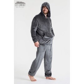 CityComfort Mens Pyjamas Set, Warm Fleece Pyjamas for Men with Fluffy Hoodie (Charcoal, XL)