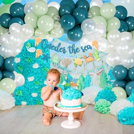 Under The Sea Balloons Garland Arch Kit with ONEder The Sea Ocean Animals Party Banner, Dusty Green Blue Under The Sea Marine Boy Birthday Party Supplies, Ocean Themed Baby Shower Birthday Party Decor
