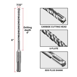 SALI SDS Plus Rotary Hammer Drill Bit 10 Pcs 7/32"*6" Concrete Drill Bit Kit Cross-Type Double Thread Carbide Material Suitable for Concrete, Brick, Cement Walls, Stone, Hammer Drill Bits for Concrete