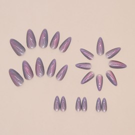 24 Pcs Almond Press on Nails with Purple Ripple Gradient Designs Nude Fake Nails Medium Almond Shaped Acrylic Nails Glossy False Nails Reusable Glue on Nails for Women Girls