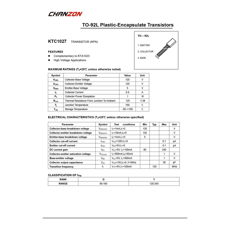 Chanzon KTC1027-Y TO-92L NPN Power Bipolar Junction Transistor, High Performance