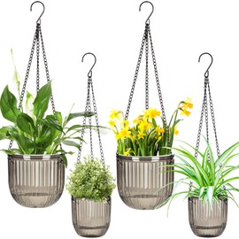 Maxcheck 4 Pcs Self Watering Hanging Planters Indoor 6.5'' 4.5'' Hanging Flower Pots Baskets Outdoor Self Watering Hanging Plant with 3hooks Drainage Holes for Home(Gray)