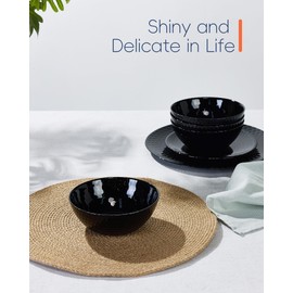 LaGlint 20 OZ Max Black Opal Glass Cereal Bowl Set of 6, 6 inch Dishwasher & Microwave Safe Round Geometric Faceted Bowls for Kitchen, Salad, Soup and Rice