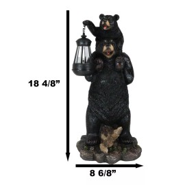 Rustic Black Bear Carrying Cub On Shoulder Statue Solar LED Lantern Light Decor