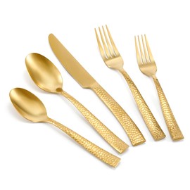 Kelenfer Gold Silverware Set Flatware Set Matte Finished Stainless Steel Hammered Heavy Cutlery Set 20 Pieces Service for 4