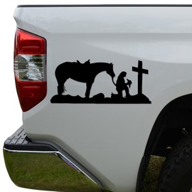 Rosie Decals Cowgirl Horse Praying Cross Christian Die Cut Vinyl Decal Sticker For Car Truck Motorcycle Window Bumper Wall Decor Size- [10 inch/25 cm] Wide Color- Gloss Black