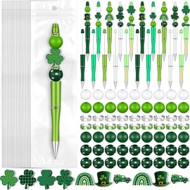 Zhanmai 197 Pcs St Patricks Day Beadable Pen Kits DIY with 24 Plastic Multicolor Ballpoint Pen Black Ink 101 Colorful Wooden Beads 48 Spacer Beads Clasps for Kids Gifts School Office