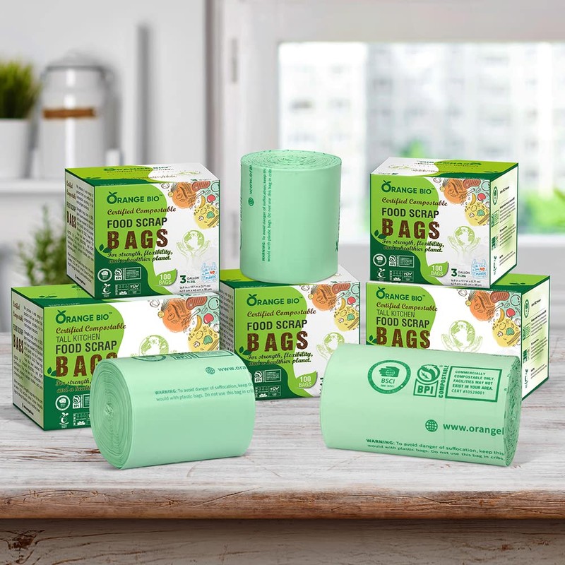 OrangeBio 3 Gallon Compostable Trash Bags, 100 Count, Food Grade,