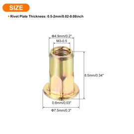 sourcing map 120Pcs Half Hex Body Flange Rivet Nut, M3 Flat Head Carbon Steel Thread Insert Nut Zinc Plated