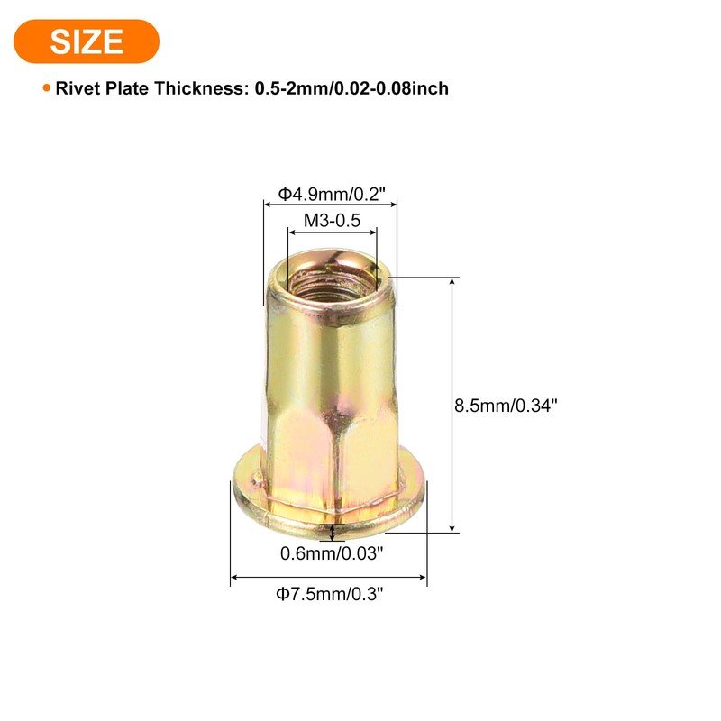 sourcing map 120Pcs Half Hex Body Flange Rivet Nut, M3