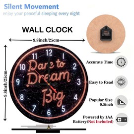 Lancholy 10-Inch Silent Wooden Wall Clock, Dare to Dream Big Neon Clock Wall Art Decor ” Silent Non-Ticking Clock, Battery Operated (AA Batteries Not Included), Artistic Home Decor