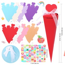 DPKOW Pack of 32 School Cone Sibling Bags First Day of School Sibling School Cone Small School Cone Boys Girls Sugar Bag for Filling Gift Boxes DIY Foldable School Cone, with Stickers Ribbon