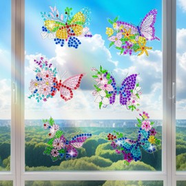 LINGFANG 6 Pcs Diamond Art Stained Glass Window Clings with Diamond DIY Pen Tools, Diamond Painting Window Stickers for Suncatchers, Diamond Art Kits for Adults, Diamond Art Accessories (Butterfly 6)