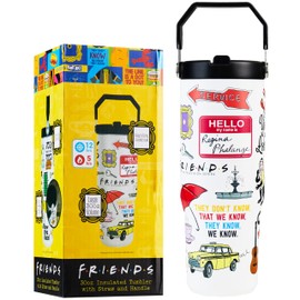 Get Trend Friends Insulated Tumbler Flip Up Straw & Handle, Metal Travel Water Bottle 850ml/30oz, Thermal Double Wall Vacuum for Hot & Cold Drinks (White Friends)