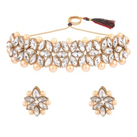 Efulgenz Faux Pearl Choker Indian Jewelry Sets for Women Crystal Kundan Pearl Necklace Set Beaded Faux Pearl Necklace Earrings Bollywood Fashion Jewelry Wedding Bridal Jewelry Set