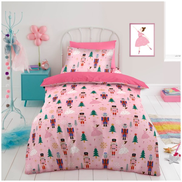 VELVETIO Kids Duvet Cover Set With Matching Pillowcase, NutCracker Bedding Quilt, Easy Care 100% Polyester, Christmas Printed Snow Flakes Comforter Sets, 2 Pc Single Size for Girls, Pink